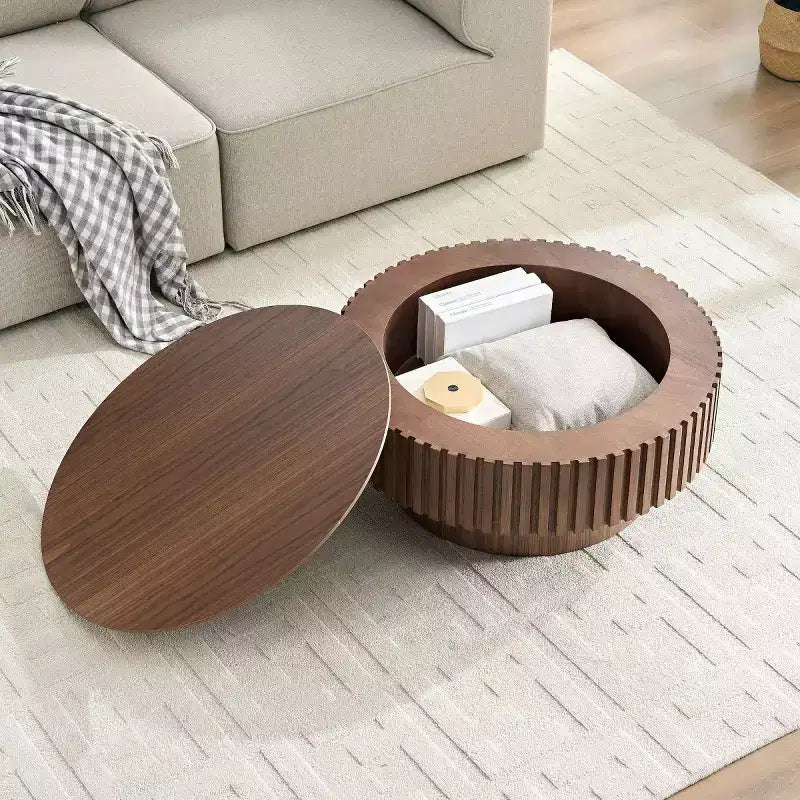 31.49 Round Fluted Coffee Table with Hidden Storage, Modern Pedestal Cocktail Table for Living Room