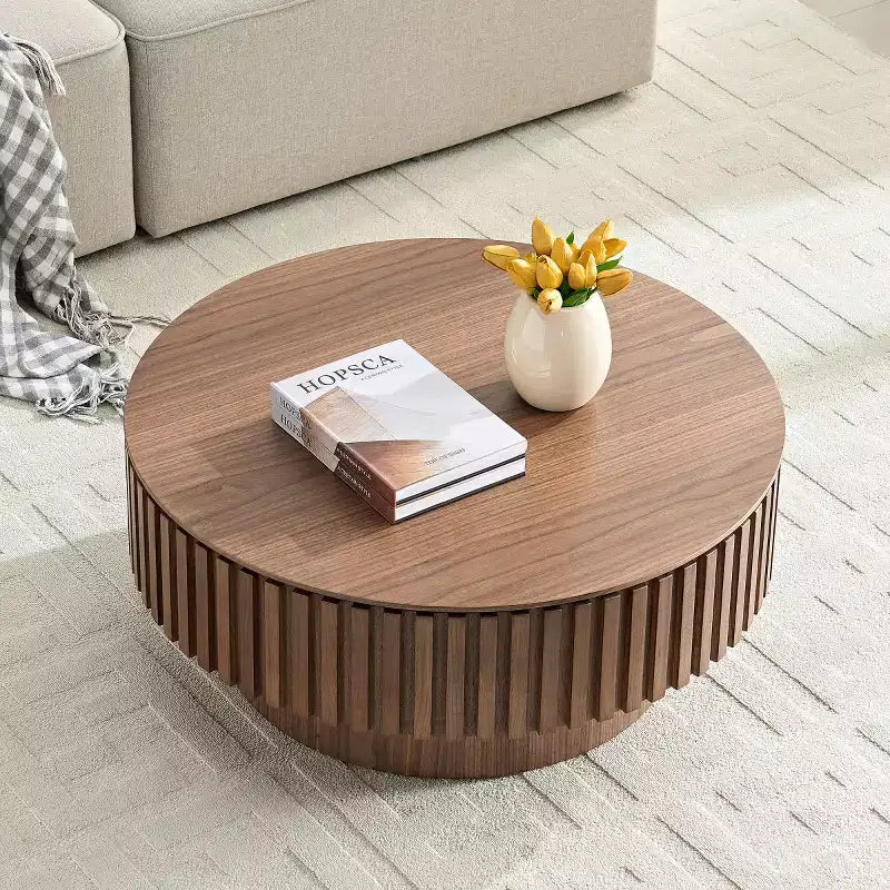 31.49 Round Fluted Coffee Table with Hidden Storage, Modern Pedestal Cocktail Table for Living Room