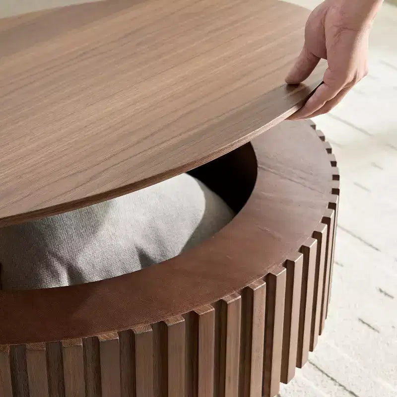31.49 Round Fluted Coffee Table with Hidden Storage, Modern Pedestal Cocktail Table for Living Room