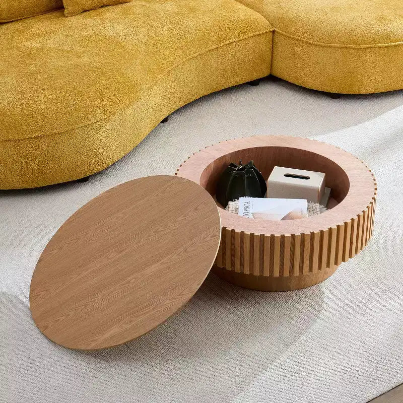 31.49 Round Fluted Coffee Table with Hidden Storage, Modern Pedestal Cocktail Table for Living Room