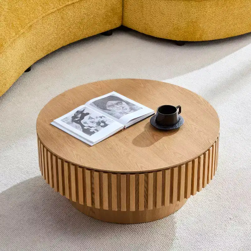 31.49 Round Fluted Coffee Table with Hidden Storage, Modern Pedestal Cocktail Table for Living Room