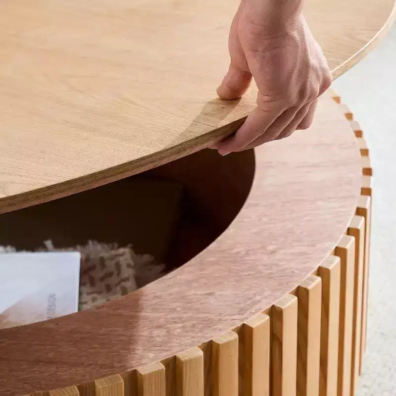 31.49 Round Fluted Coffee Table with Hidden Storage, Modern Pedestal Cocktail Table for Living Room
