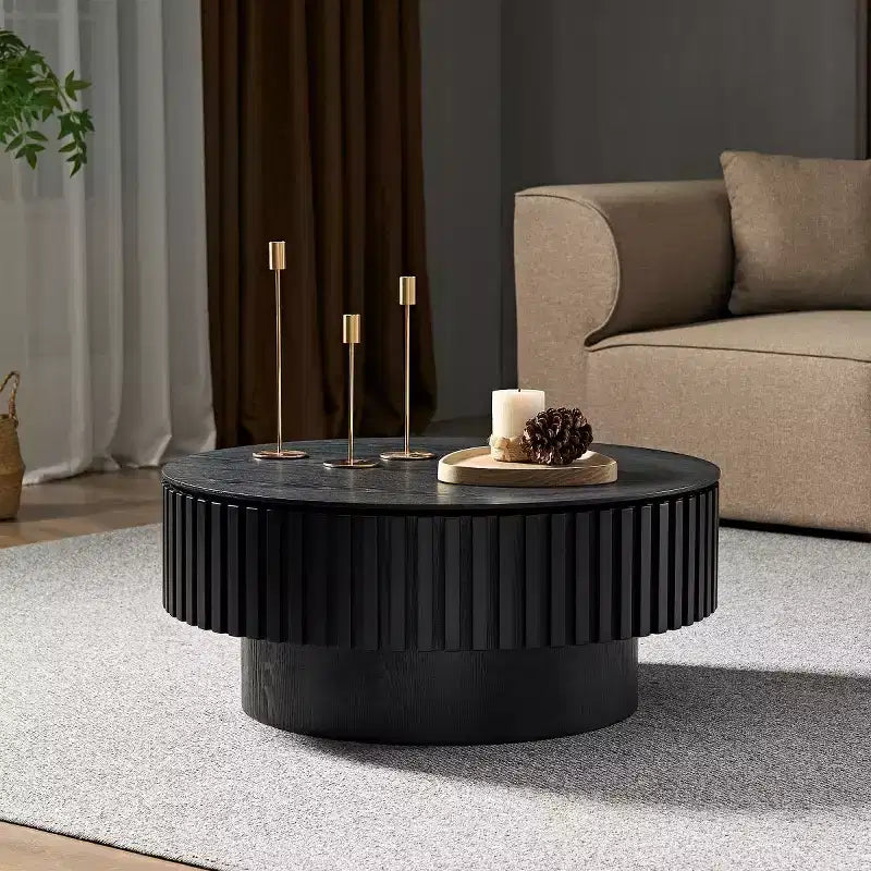 31.49 Round Fluted Coffee Table with Hidden Storage, Modern Pedestal Cocktail Table for Living Room