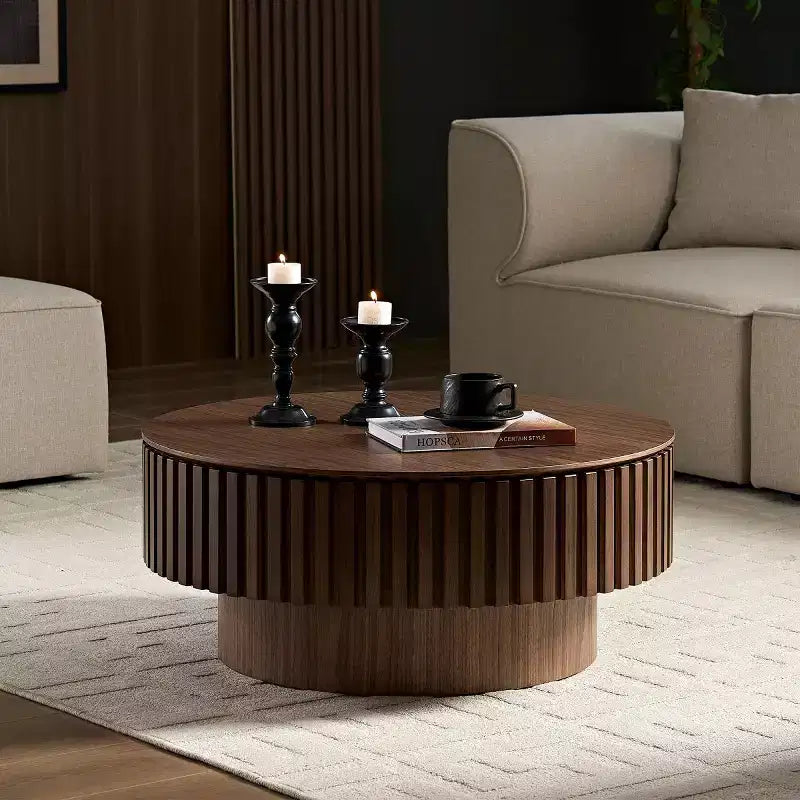 31.49 Round Fluted Coffee Table with Hidden Storage, Modern Pedestal Cocktail Table for Living Room