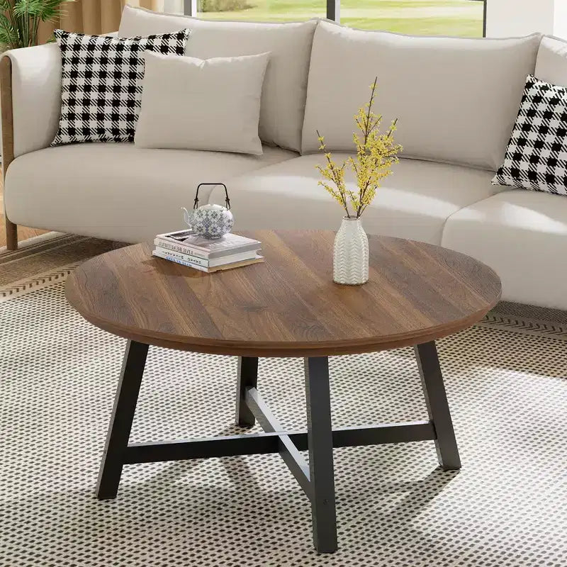 36-Inch Round Coffee Table with Thickened Legs, Wood Grain Design and Adjustable Feet