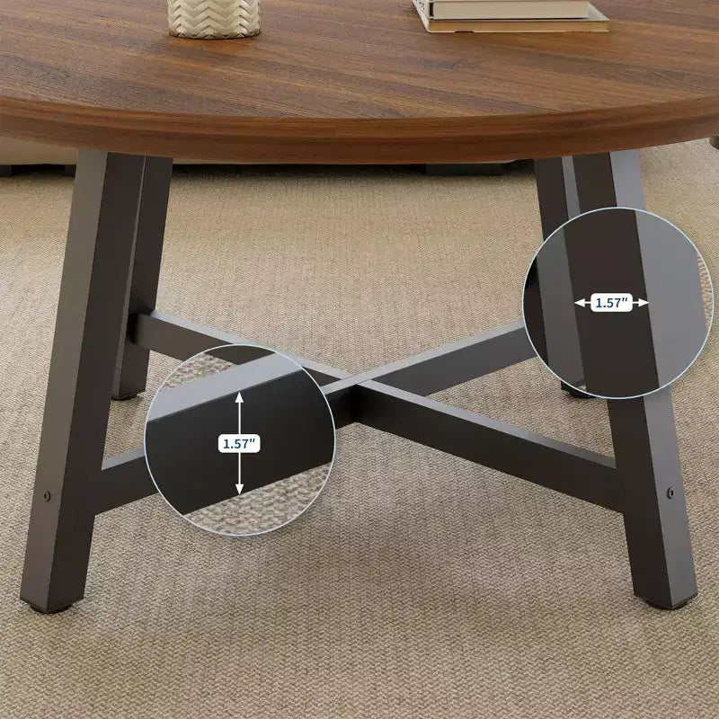 36-Inch Round Coffee Table with Thickened Legs, Wood Grain Design and Adjustable Feet