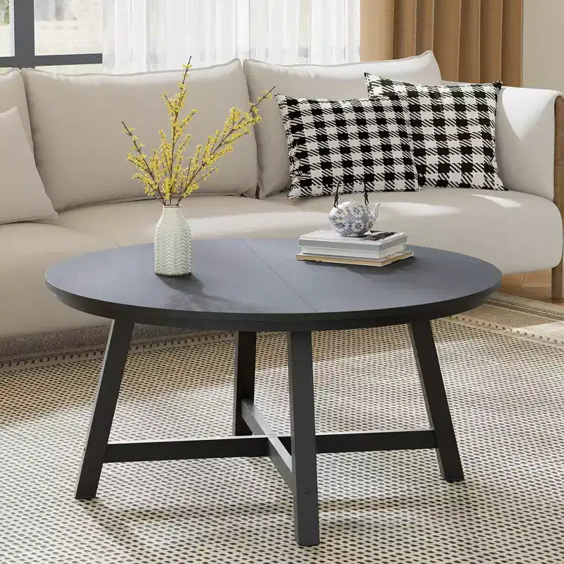 36-Inch Round Coffee Table with Thickened Legs, Wood Grain Design and Adjustable Feet
