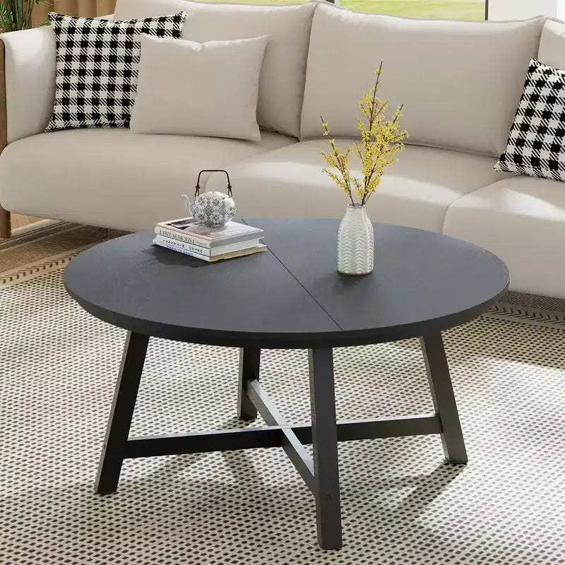 36-Inch Round Coffee Table with Thickened Legs, Wood Grain Design and Adjustable Feet