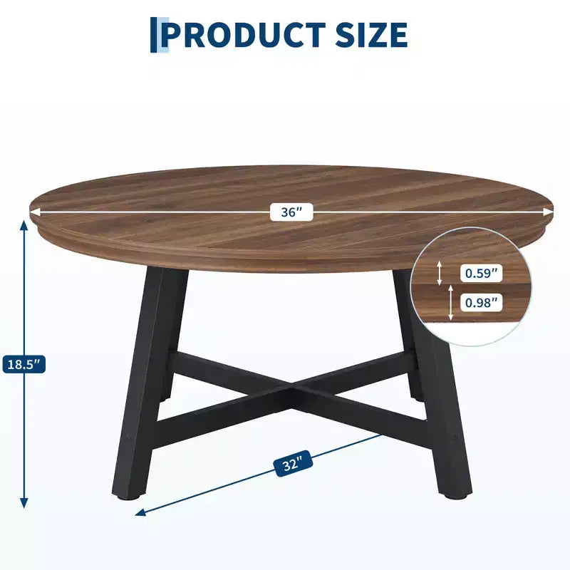 36-Inch Round Coffee Table with Thickened Legs, Wood Grain Design and Adjustable Feet