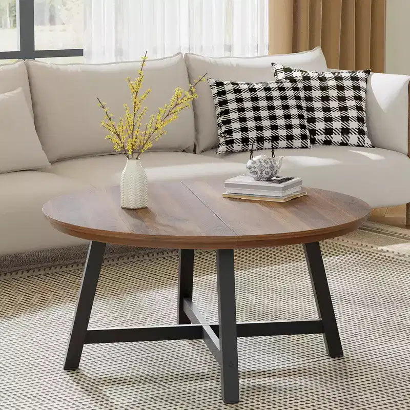 36-Inch Round Coffee Table with Thickened Legs, Wood Grain Design and Adjustable Feet