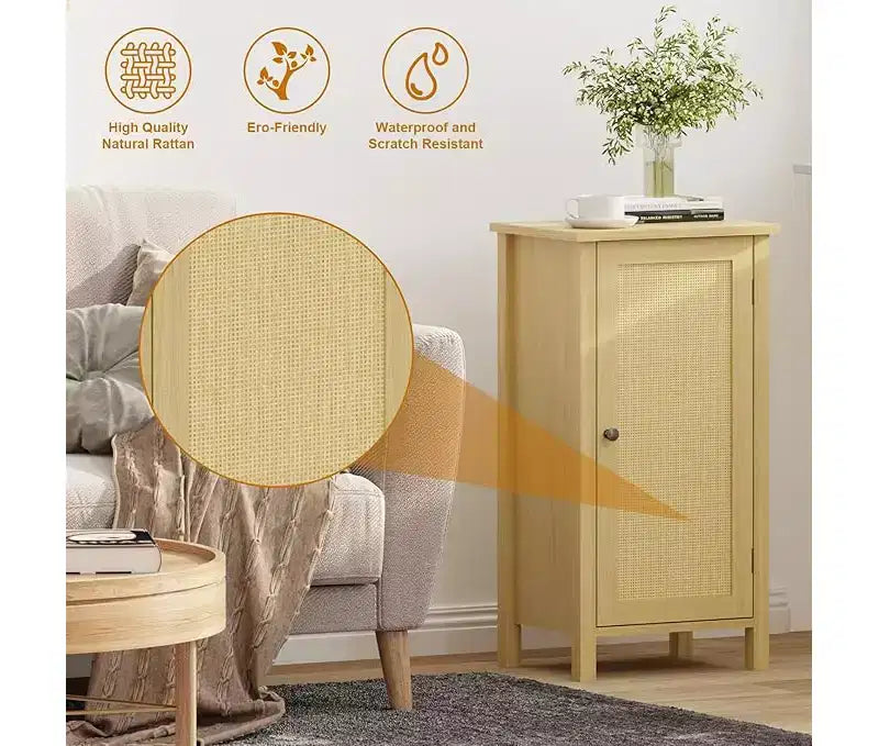 16 Inch Rattan Nightstand with Drawer, Bedside Table for Bedroom - Sturdy Legs & Wood Top