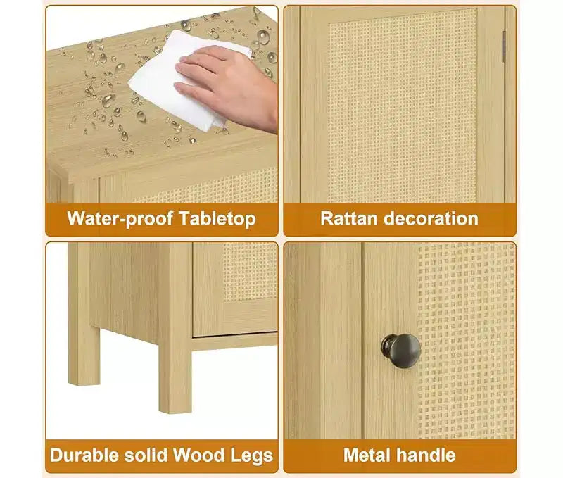 16 Inch Rattan Nightstand with Drawer, Bedside Table for Bedroom - Sturdy Legs & Wood Top
