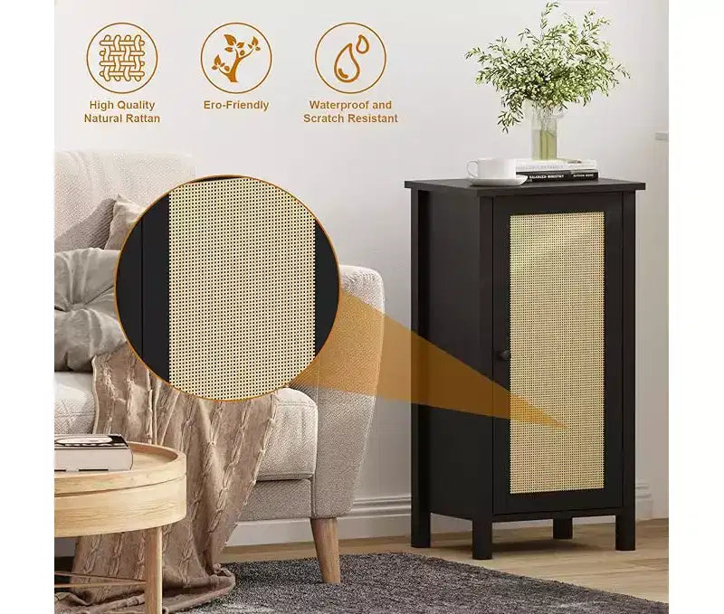 16 Inch Rattan Nightstand with Drawer, Bedside Table for Bedroom - Sturdy Legs & Wood Top