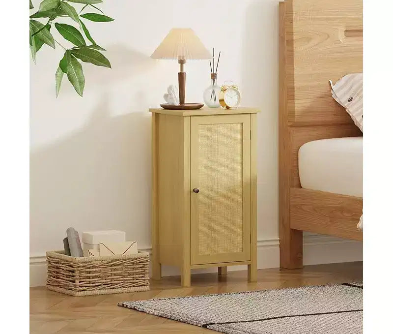 16 Inch Rattan Nightstand with Drawer, Bedside Table for Bedroom - Sturdy Legs & Wood Top