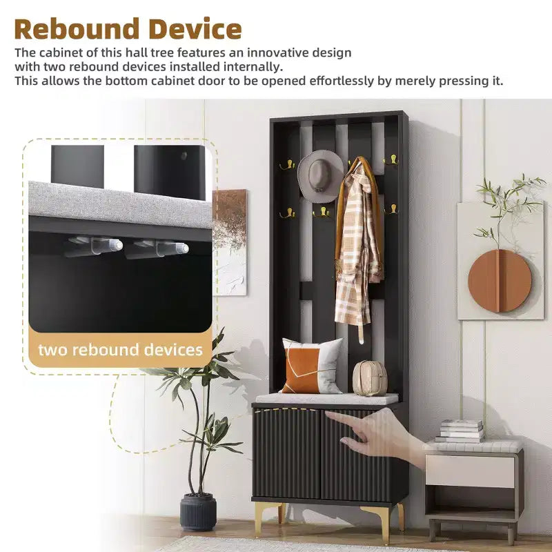 Modern Hall Tree with Cushion Bench, Adjustable Shelves and 8 Gold Hooks, Black