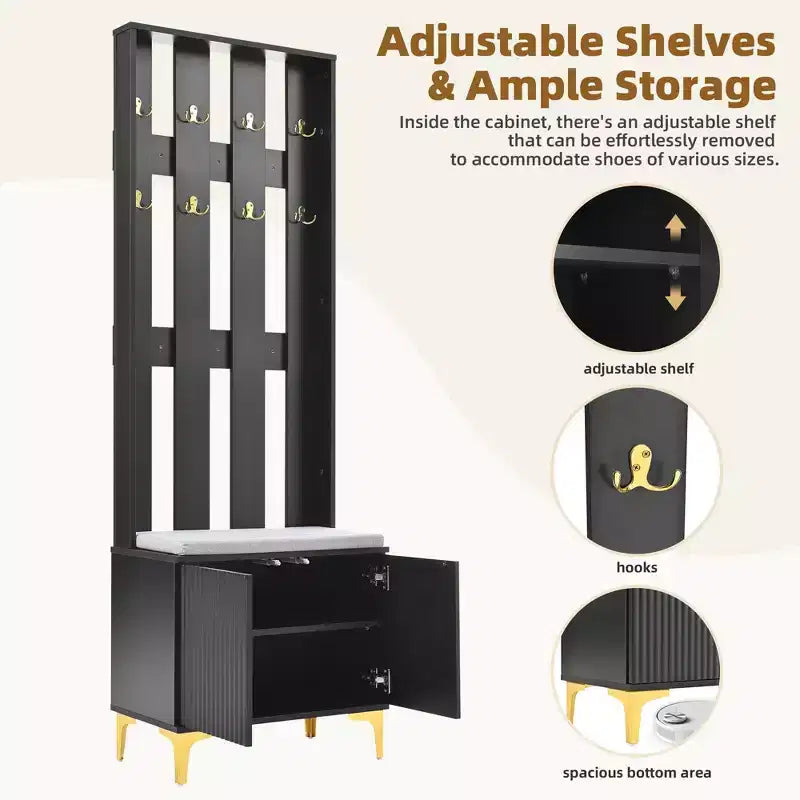 Modern Hall Tree with Cushion Bench, Adjustable Shelves and 8 Gold Hooks, Black