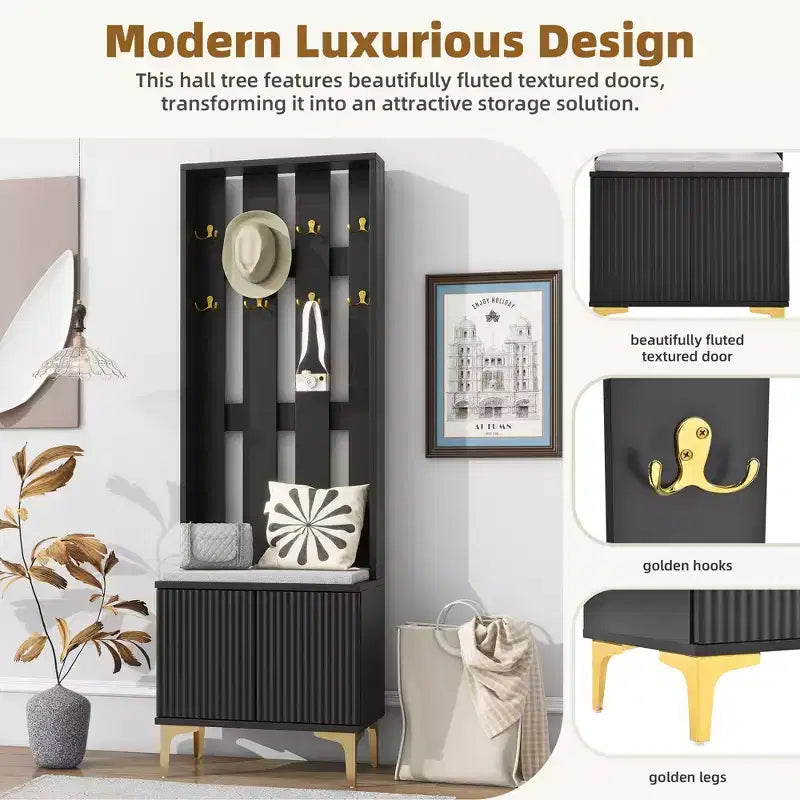 Modern Hall Tree with Cushion Bench, Adjustable Shelves and 8 Gold Hooks, Black