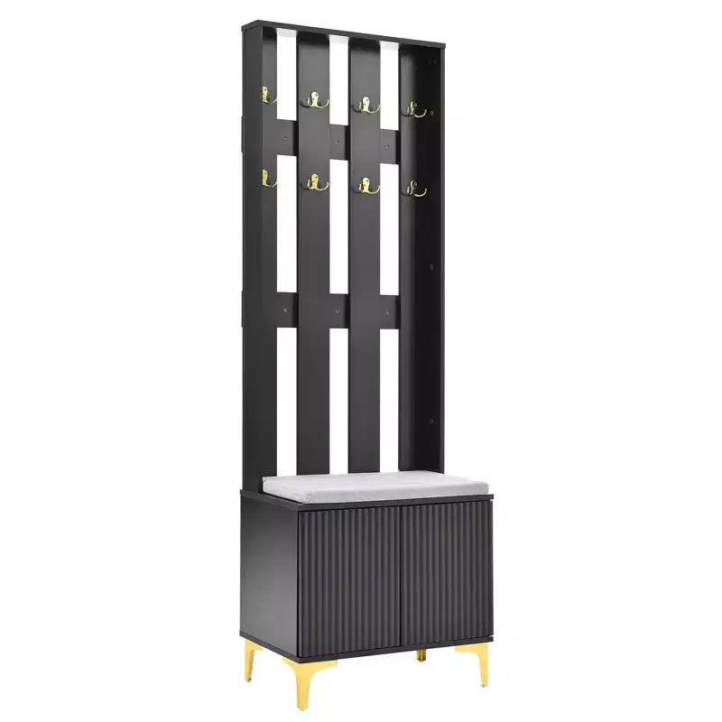 Modern Hall Tree with Cushion Bench, Adjustable Shelves and 8 Gold Hooks, Black