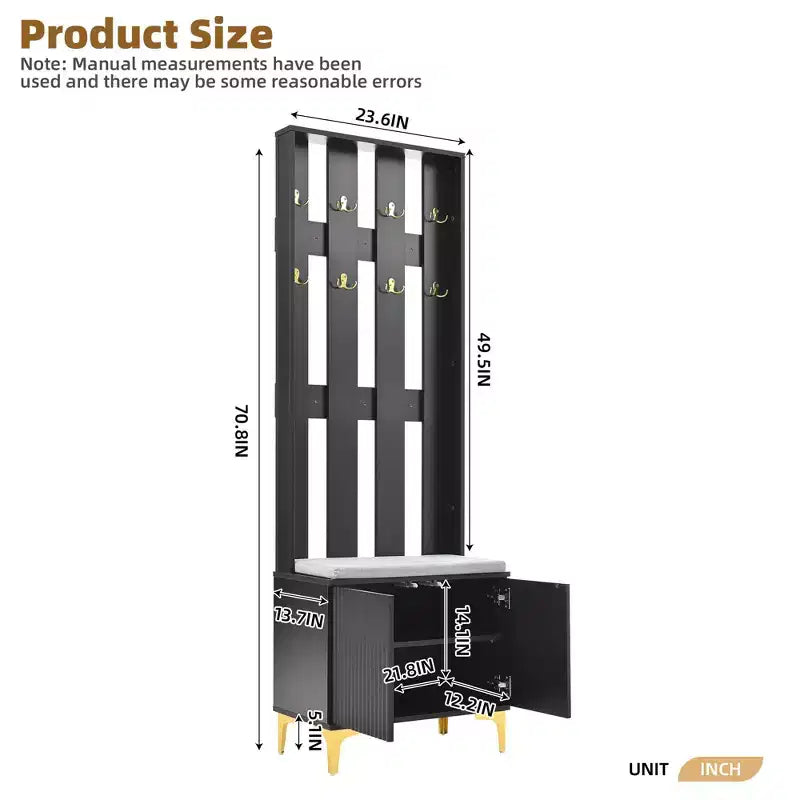 Modern Hall Tree with Cushion Bench, Adjustable Shelves and 8 Gold Hooks, Black