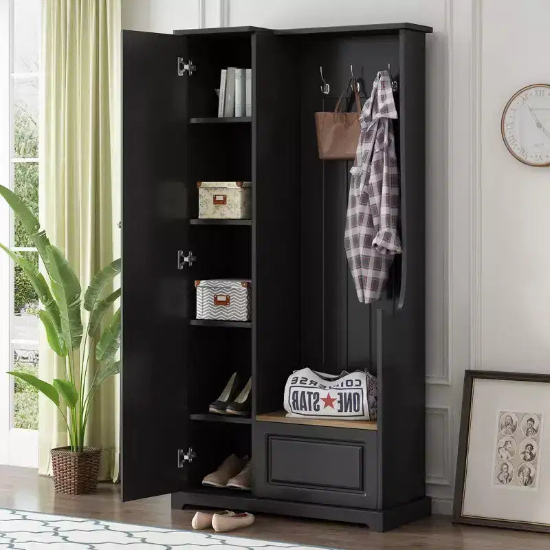 Hall Tree with Flip-Up Bench, Coat Rack with Shoe Cabinet and Adjustable Shelves, Black