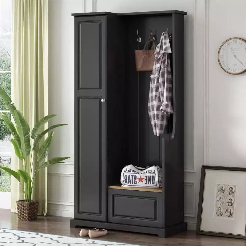 Hall Tree with Flip-Up Bench, Coat Rack with Shoe Cabinet and Adjustable Shelves, Black