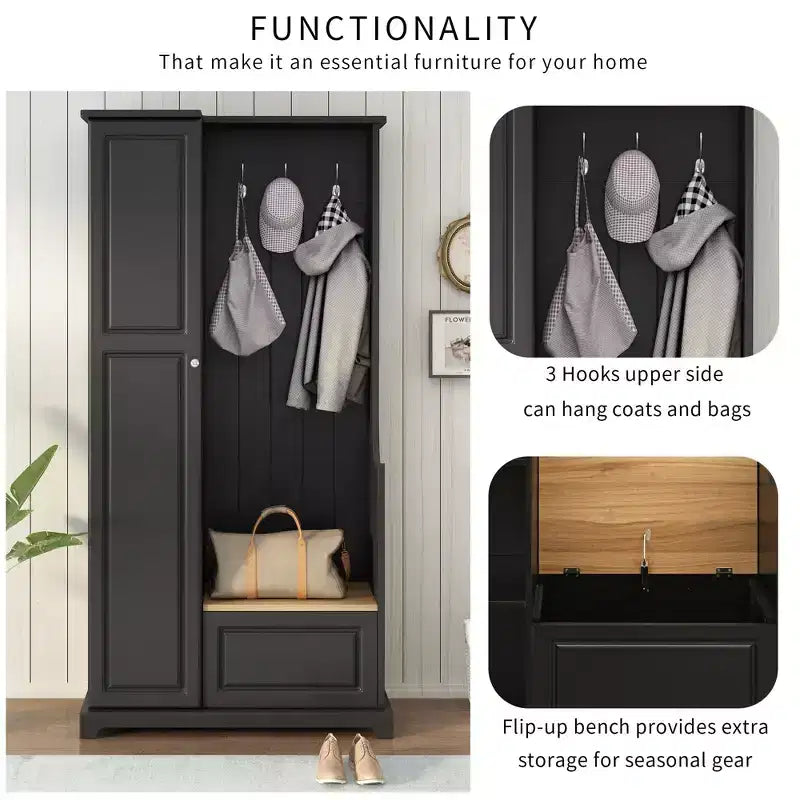 Hall Tree with Flip-Up Bench, Coat Rack with Shoe Cabinet and Adjustable Shelves, Black