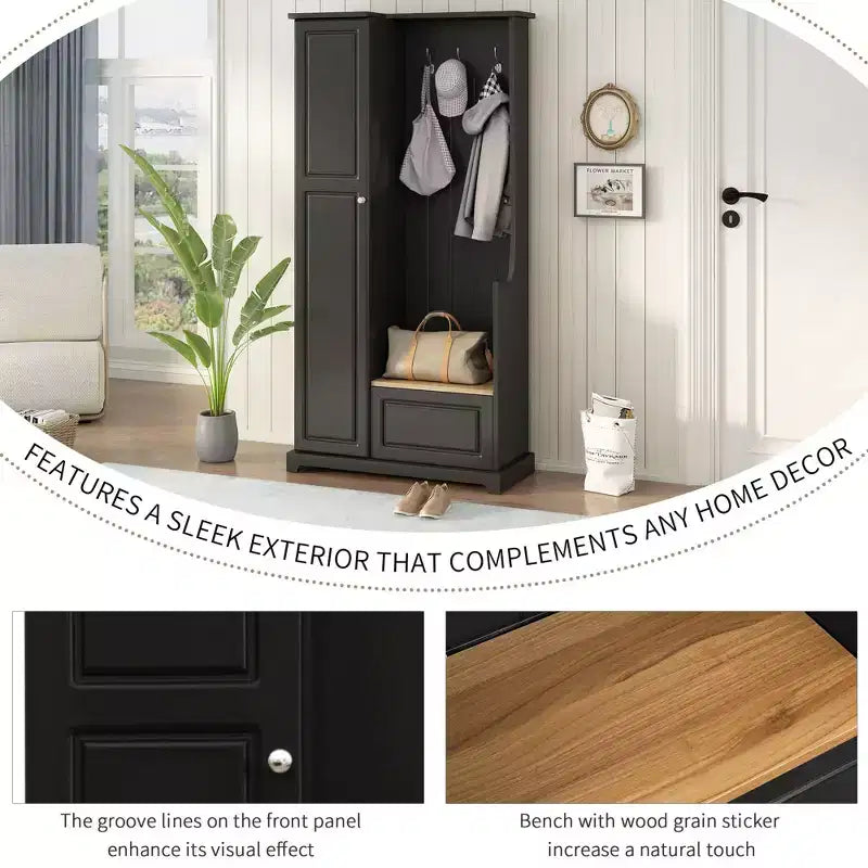 Hall Tree with Flip-Up Bench, Coat Rack with Shoe Cabinet and Adjustable Shelves, Black