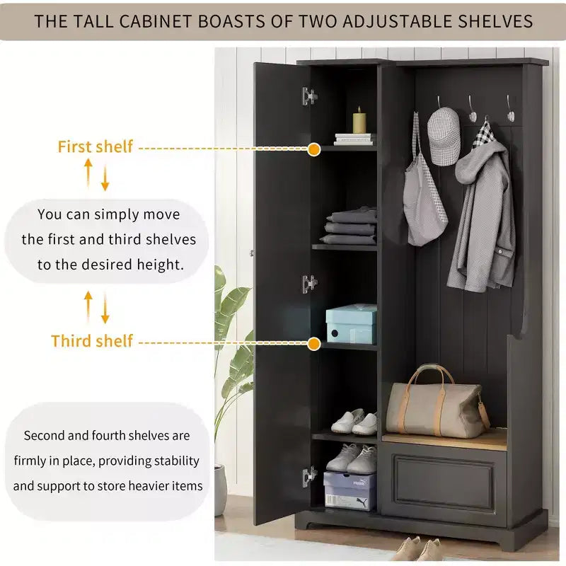 Hall Tree with Flip-Up Bench, Coat Rack with Shoe Cabinet and Adjustable Shelves, Black