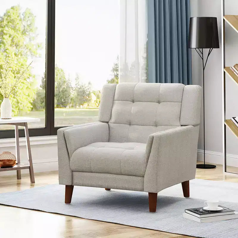 Button-Tufted Upholstered Accent Armchair with Wooden Tapered Legs, Beige, 300 lbs Capacity