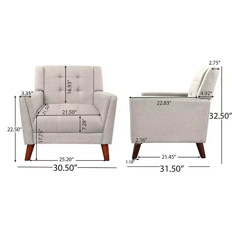Button-Tufted Upholstered Accent Armchair with Wooden Tapered Legs, Beige, 300 lbs Capacity