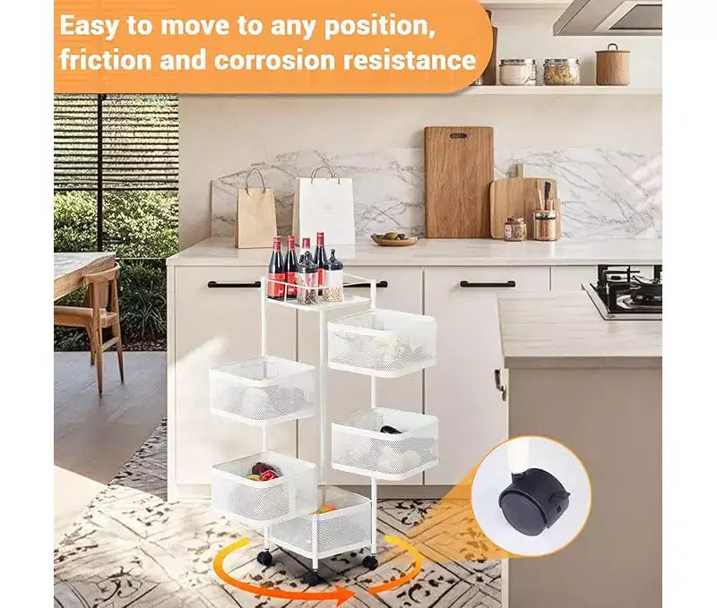 5-Tier Rotating Kitchen Storage Rack with Rolling Wheels and Mesh Shelves, Carbon Steel