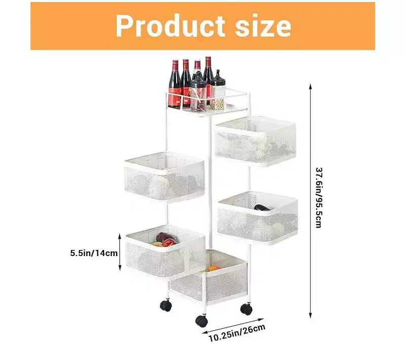 5-Tier Rotating Kitchen Storage Rack with Rolling Wheels and Mesh Shelves, Carbon Steel
