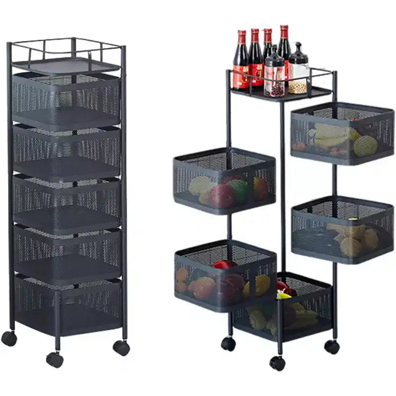 5-Tier Rotating Kitchen Storage Rack with Rolling Wheels and Mesh Shelves, Carbon Steel