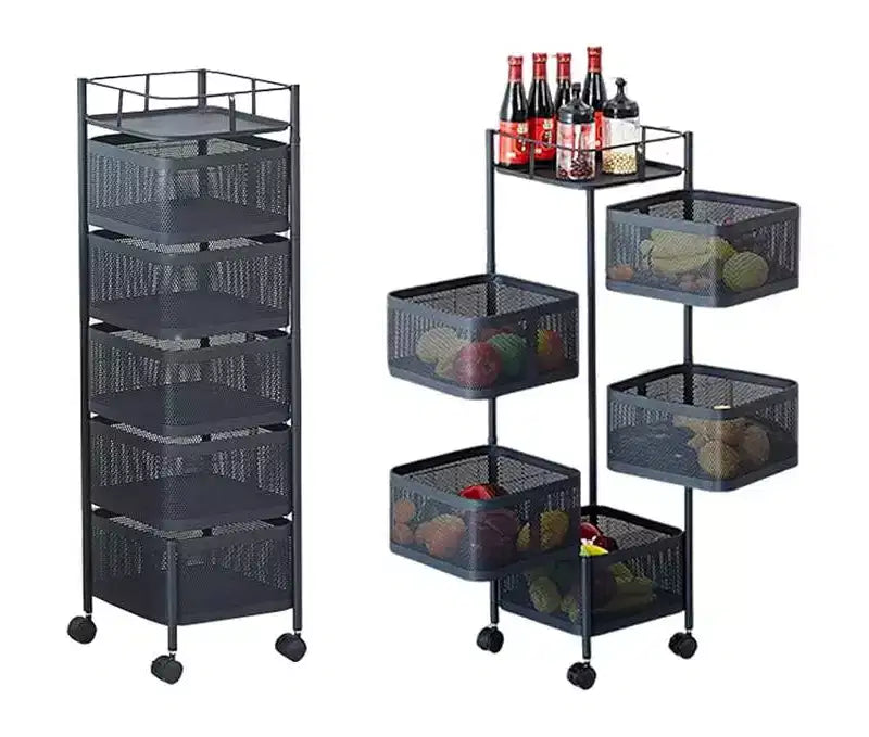 5-Tier Rotating Kitchen Storage Rack with Rolling Wheels and Mesh Shelves, Carbon Steel