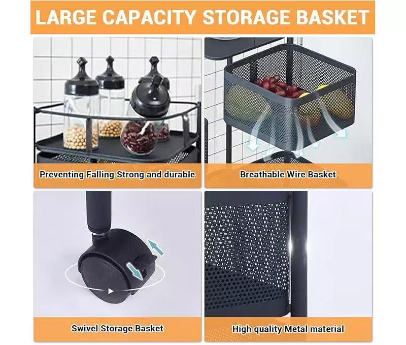 5-Tier Rotating Kitchen Storage Rack with Rolling Wheels and Mesh Shelves, Carbon Steel