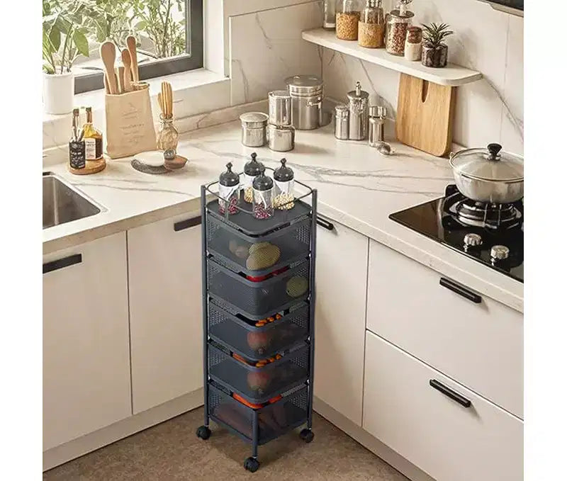 5-Tier Rotating Kitchen Storage Rack with Rolling Wheels and Mesh Shelves, Carbon Steel