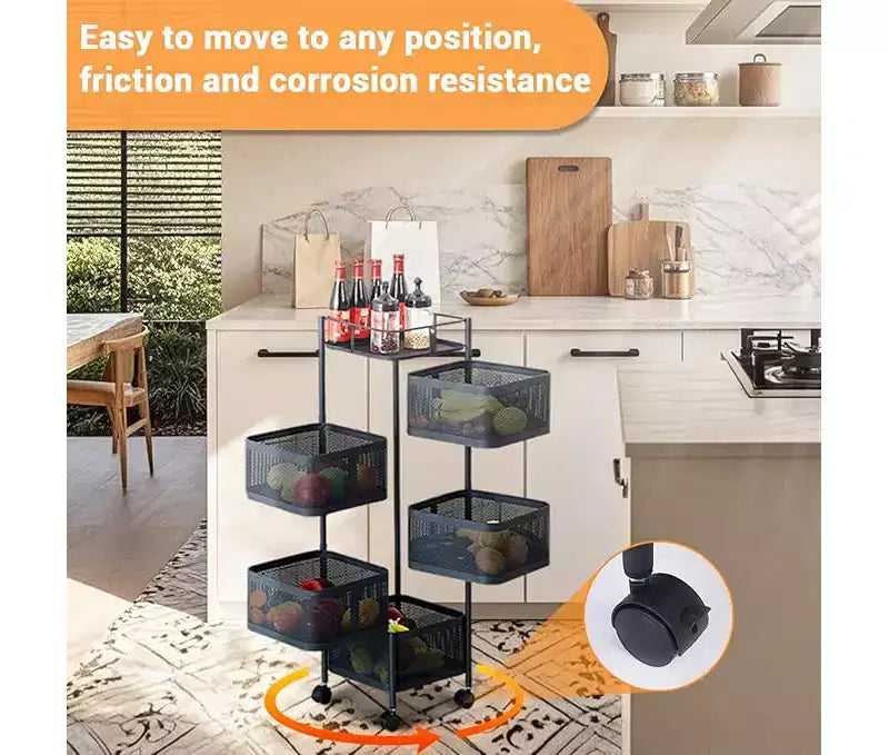 5-Tier Rotating Kitchen Storage Rack with Rolling Wheels and Mesh Shelves, Carbon Steel