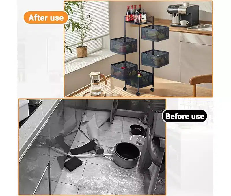 5-Tier Rotating Kitchen Storage Rack with Rolling Wheels and Mesh Shelves, Carbon Steel