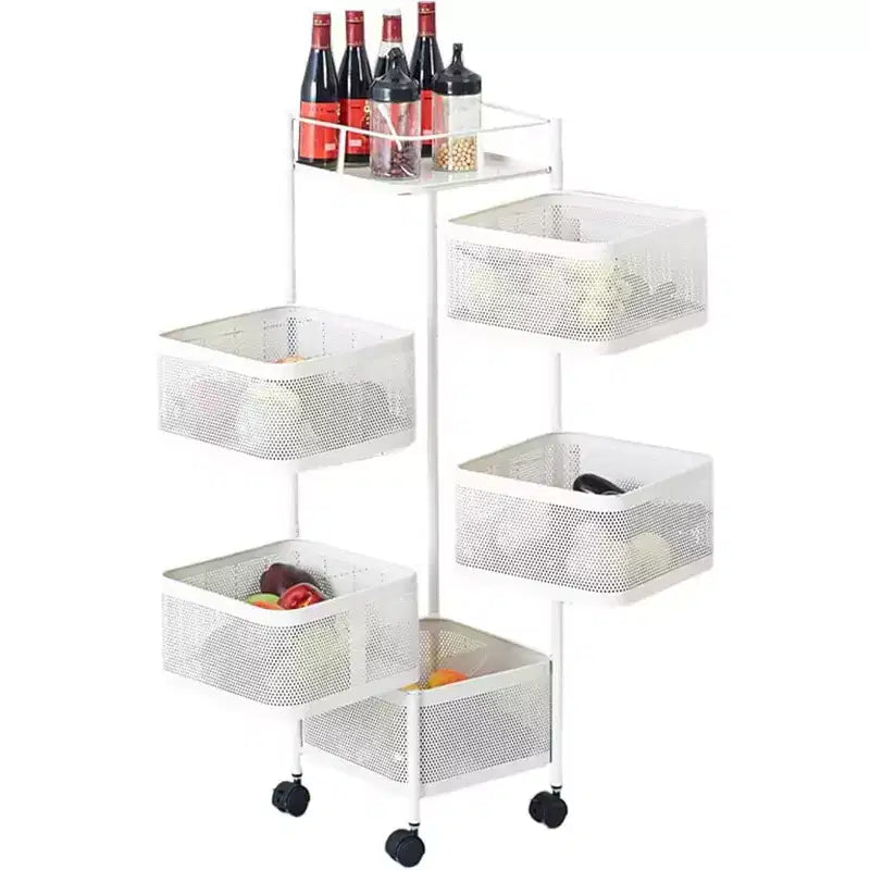 5-Tier Rotating Kitchen Storage Rack with Rolling Wheels and Mesh Shelves, Carbon Steel