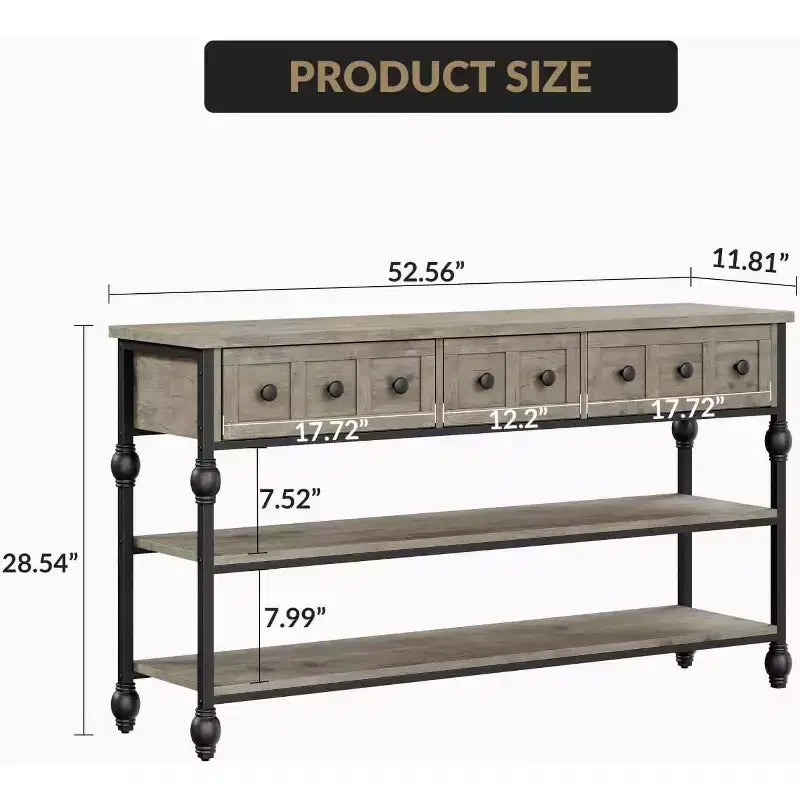 53-Inch Industrial Console Sofa Table with 3 Drawers and 3-Tier Shelves, Roman Column Design