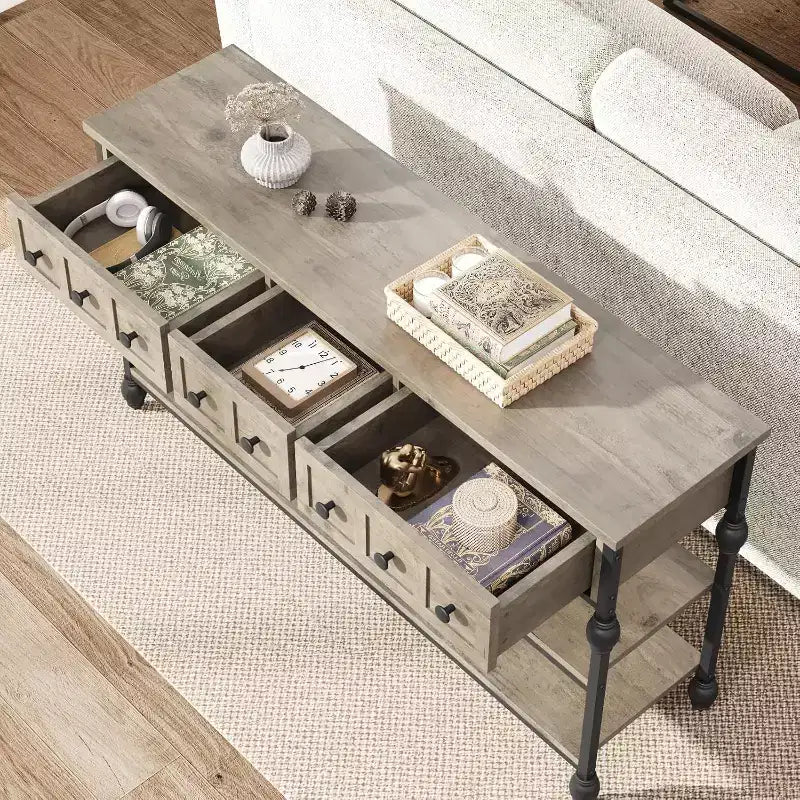 53-Inch Industrial Console Sofa Table with 3 Drawers and 3-Tier Shelves, Roman Column Design