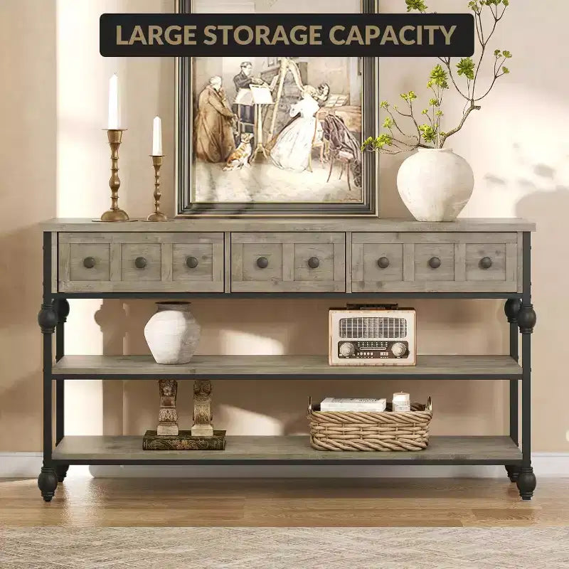 53-Inch Industrial Console Sofa Table with 3 Drawers and 3-Tier Shelves, Roman Column Design