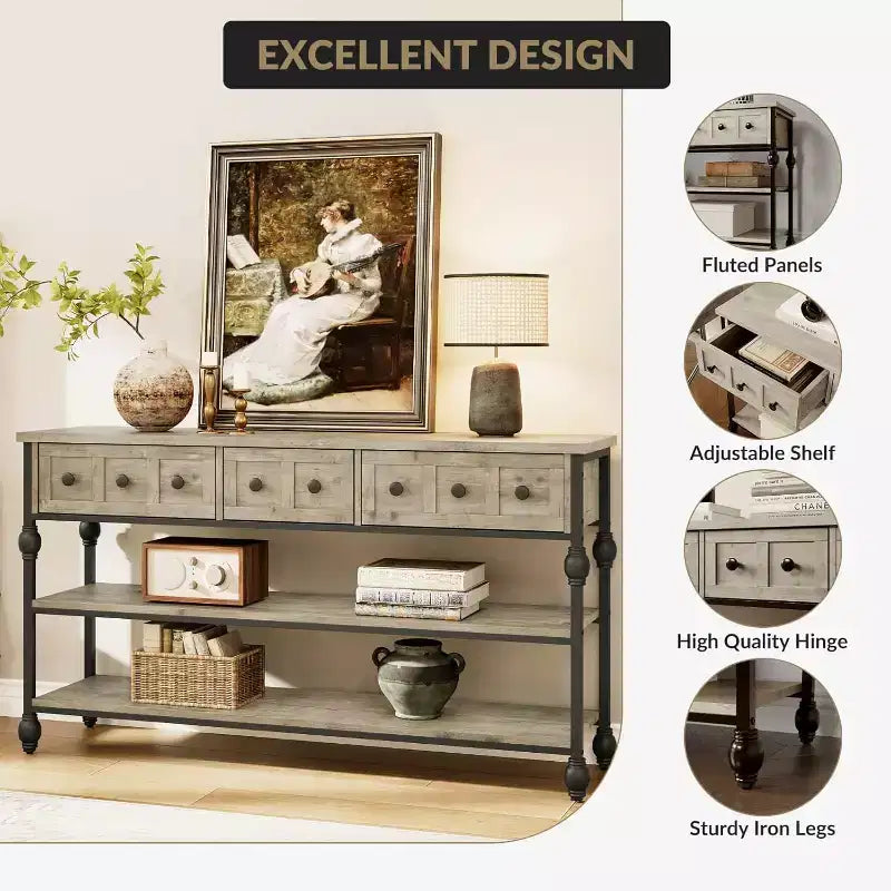 53-Inch Industrial Console Sofa Table with 3 Drawers and 3-Tier Shelves, Roman Column Design