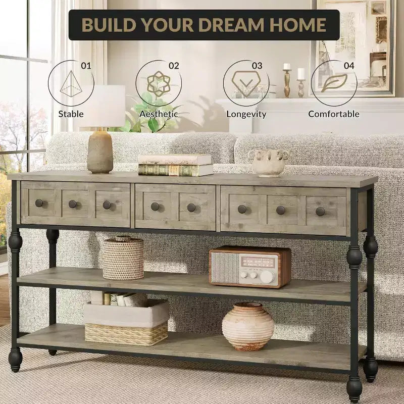 53-Inch Industrial Console Sofa Table with 3 Drawers and 3-Tier Shelves, Roman Column Design