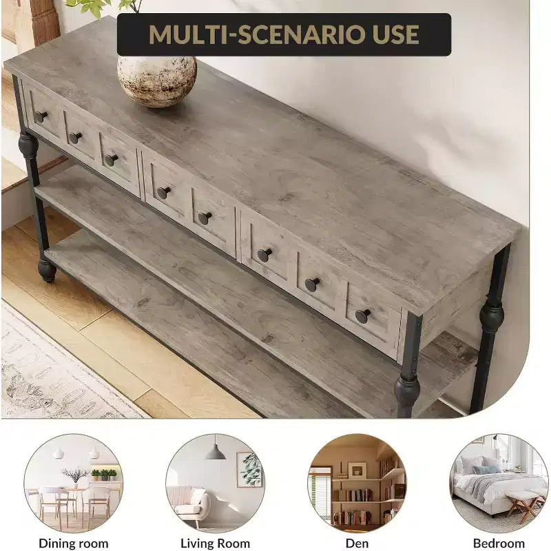 53-Inch Industrial Console Sofa Table with 3 Drawers and 3-Tier Shelves, Roman Column Design