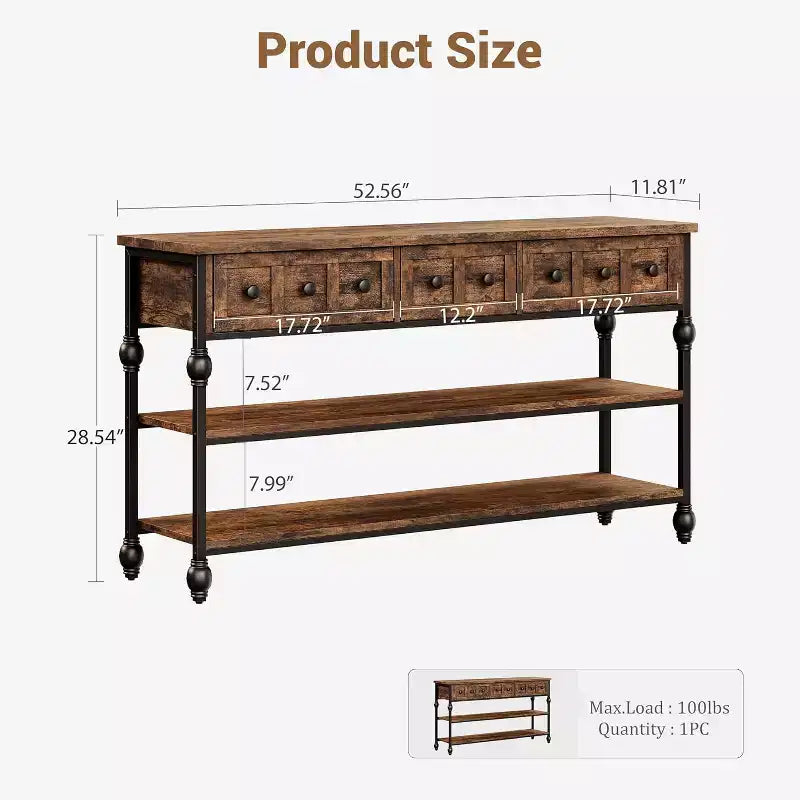 53-Inch Industrial Console Sofa Table with 3 Drawers and 3-Tier Shelves, Roman Column Design