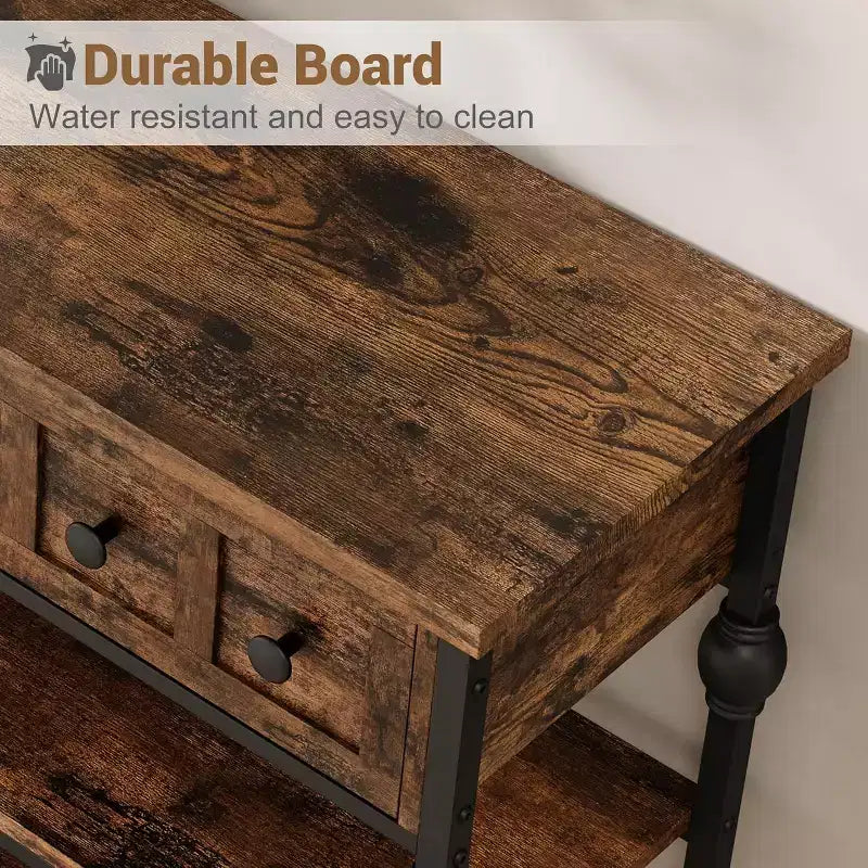 53-Inch Industrial Console Sofa Table with 3 Drawers and 3-Tier Shelves, Roman Column Design