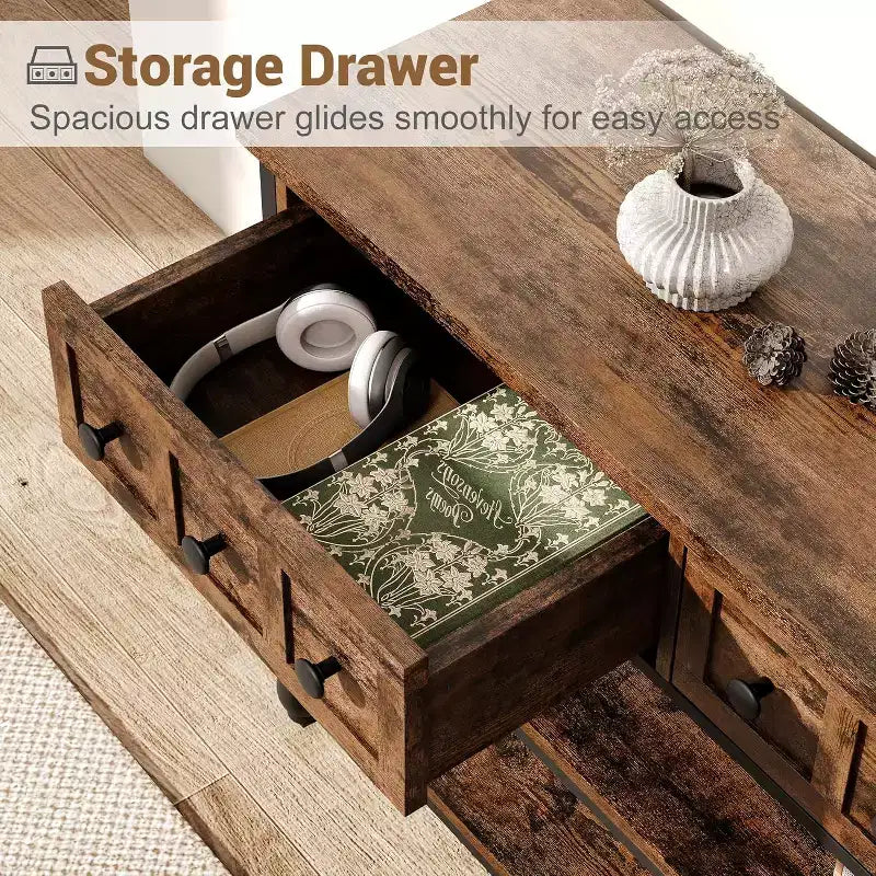 53-Inch Industrial Console Sofa Table with 3 Drawers and 3-Tier Shelves, Roman Column Design