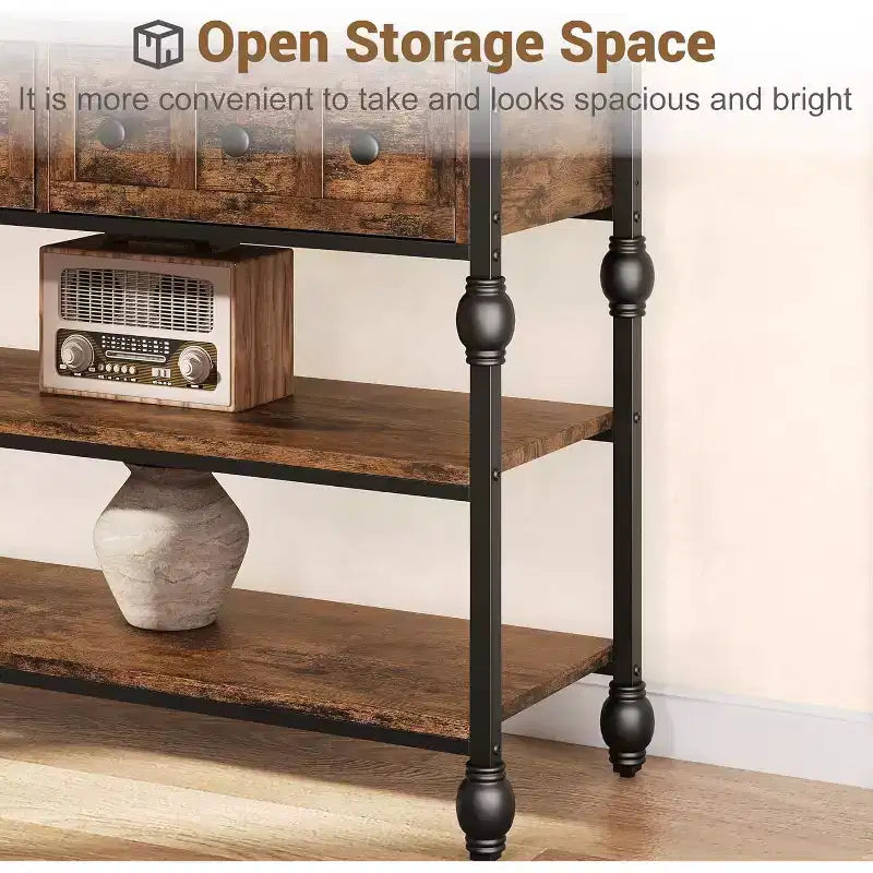 53-Inch Industrial Console Sofa Table with 3 Drawers and 3-Tier Shelves, Roman Column Design