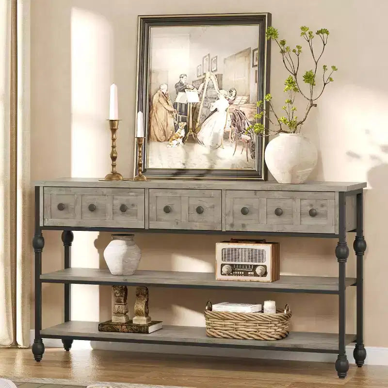 53-Inch Industrial Console Sofa Table with 3 Drawers and 3-Tier Shelves, Roman Column Design